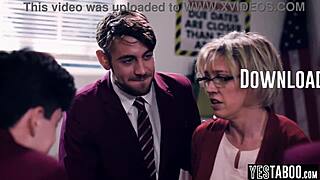 We're horny students gangbanging huge tits bbw mature teacher in classroom, they say with blonde blowjob and doggystyle action. Fat milf takes big cock pov in group hardcore.