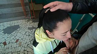 Risky Blowjob And Swallowing Mouthful Of Cum On Public Staircase
