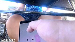 Outdoors caf� remote vibrator orgasm control with chubby mature milf wife in dress showing juicy wet pussy and legs for public fetish fun