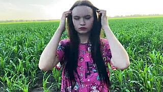 Stepsister got nervous in cornfield and grabbed stepbrother's big cock for comfort!