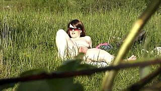 I feel so hot as beautiful brunette mature milf on wild beach nudist fingering wet pussy big natural tits perfect ass naked in public outdoor masturbates handjob squirting