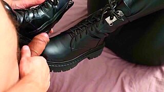 Blonde milf takes charge in bdsm with leather boots dildo assfucking footjob and cumshot on submissive ass