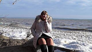 pissing outdoors smoking and flashing hairy pussy under short skirt