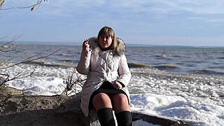 pissing outdoors smoking and flashing hairy pussy under short skirt