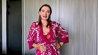 Hey, granny's in red lingerie and stockings showing huge breasts with dirty talk just for you