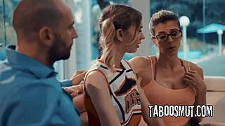 Blonde Cheerleader Blowjob And Doggystyle Threesome With Norwegian Milf And Petite Teen