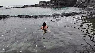 Stepmom sensually sucks candy on beach then practices blowjob skills on stepson's cock