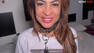 In this wild scene the Brazilian milf gets collared as her lover dominates with his huge black cock in anal action.