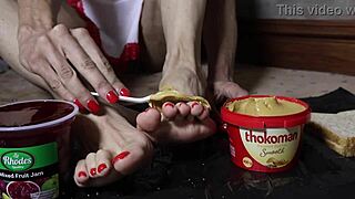 Busty blonde milf explores peanut butter jelly foot fetish fantasy with toys in pov