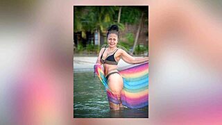 oh wow, this asian babe with big ass tempts her muscular daddy during a photoshoot in tropical nights