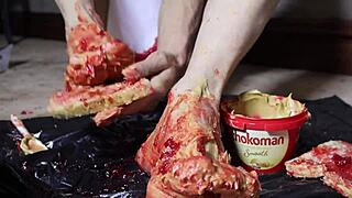 Busty blonde milf explores peanut butter jelly foot fetish fantasy with toys in pov