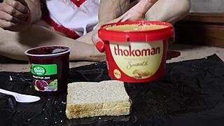 Busty blonde milf explores peanut butter jelly foot fetish fantasy with toys in pov