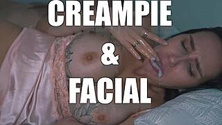 Step son fucks my face as step mom in dorm. He does deepthroat until cum in mouth with spitting.