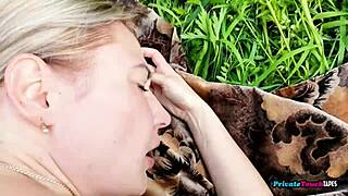 mature russian couple, lets get deepthroat blowjob and doggystyle fucking in the forest with wet pussy action