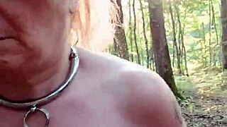 French maid slave bound in handcuffs for public outdoor humiliation spanking and facial cumshot in forest