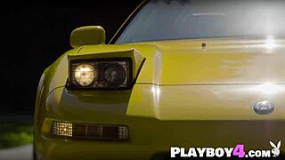 Petite ebony milf with big tits and ass washes acura nsx in lingerie outdoors