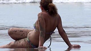 Real cuckold husband watches wife flash big tits and masturbate with huge load on beach exhibitionist compilation.