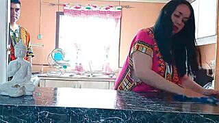 Indian stepmother bends over for doggystyle fucking with stepson in kitchen.