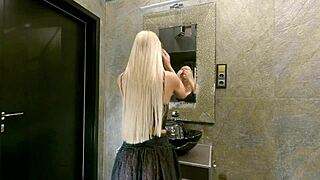 Hey sexy blonde with big tits and long hair, why wear that see-through mini skirt with knee socks but no panties tonight?