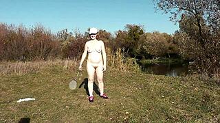 Frina, strip naked and play badminton naked with me in public outdoors!