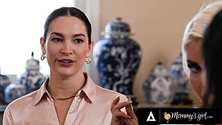 Stacked boss milf Bridgette B dominates petite Asian teen Lulu Chu and Katrina Colt in lesbian 3some. Scissoring and pussy licking lead to rough face fucking.