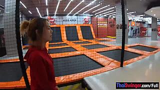 my thai amateur milf girlfriend is having fun on trampoline then we fuck doggystyle at home pov