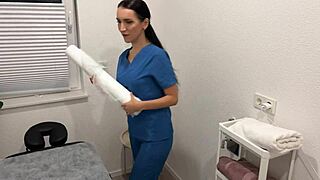 Massage with a happy ending sexual masseuse is having sex with a stranger. Bent over brunette cougar in gloves gets facial cumshot after doggystyle and cowgirl riding in homemade German pov.