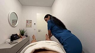 Massage with a happy ending sexual masseuse is having sex with a stranger. Bent over brunette cougar in gloves gets facial cumshot after doggystyle and cowgirl riding in homemade German pov.