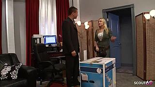 blonde teen 18+ with big boobs and ass acts as working girl alanah rae in roleplay. she gets tricked into deepthroat blowjob and doggystyle fucking by huge cock until cum covers tits.