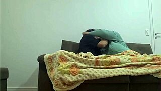 Real stepmom with big natural tits and fat ass bounces on stepson's huge cock in bedroom action.