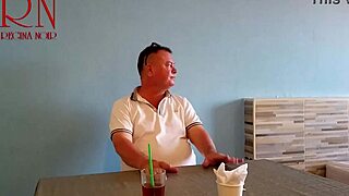 Naked waitress serves pussy from her navel to hungry restaurant guest backstage