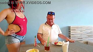 Naked waitress serves pussy from her navel to hungry restaurant guest backstage