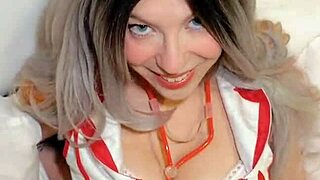 in the hospital, busty blonde nurse in stockings roleplays with patient, squirting on monster cock