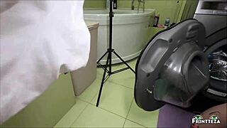 Stepdad rams stepdaughter stuck in washing machine as stepmom nearly catches Halloween fuck