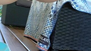 maturemom squats wide gapes shaved cunt outdoors on huge deck flashing