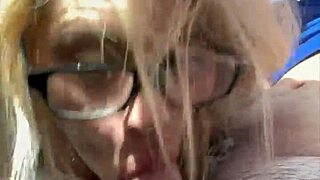 glasses hooker kneels public sucking old man for cash cumshot mouthful