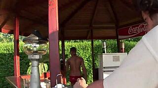 Hot grandma sucks fucks drinks cum reward from glass!