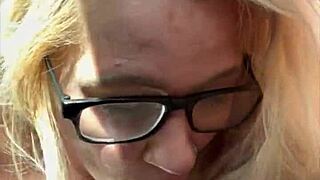 glasses hooker kneels public sucking old man for cash cumshot mouthful