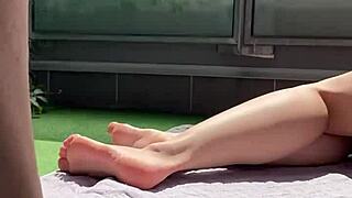 huge cock on wife's big feet - voyeur jerk off cumshot on terrace