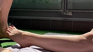 huge cock on wife's big feet - voyeur jerk off cumshot on terrace