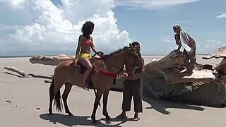 sultry black mama's beach threesome anal tease with ebony curves