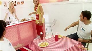 Restaurant Food Fight Erupts Into Blonde Big Tits MILF Group Riding Cock Whipping Hardcore!