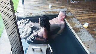 Juicy ebony secretary rips clothes for sloppy boss fuck in steamy jacuzzi