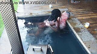 Juicy ebony secretary rips clothes for sloppy boss fuck in steamy jacuzzi