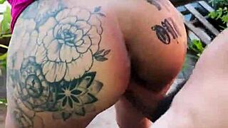 curvy brunette in little dress spreads ass on balcony for rough licking