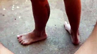 curvy brunette in little dress spreads ass on balcony for rough licking