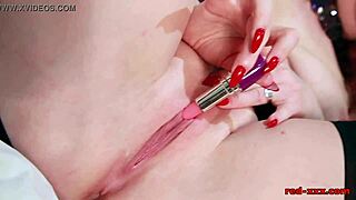 Redhead granny in lingerie fingers pussy vibrates bed