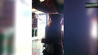 curly milf caught in warehouse begs for brutal anal to pay debts!