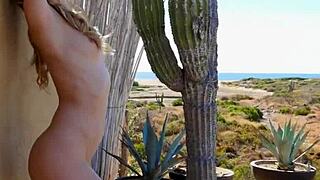 blonde big tits babe strips outdoor showing perky curves