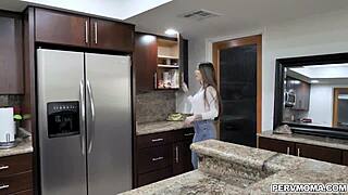 Hot stepmom teases stepson with bra panties in kitchen